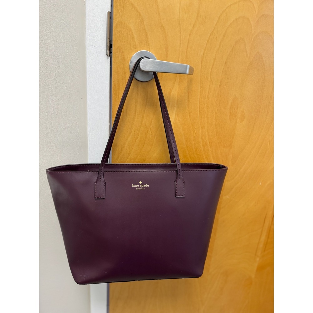 Kate Spade New York Leather Tote Bag Burgundy Plum Top Zip Shoulder Bag